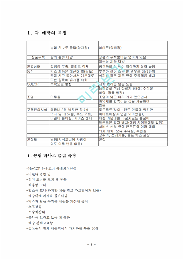 1000원][유통관리] 농협 하나로 마트와 이마트의 특징과 차이점, 각 매장별 잘된 점, 각 매장별 개선해야 할 점.hwp